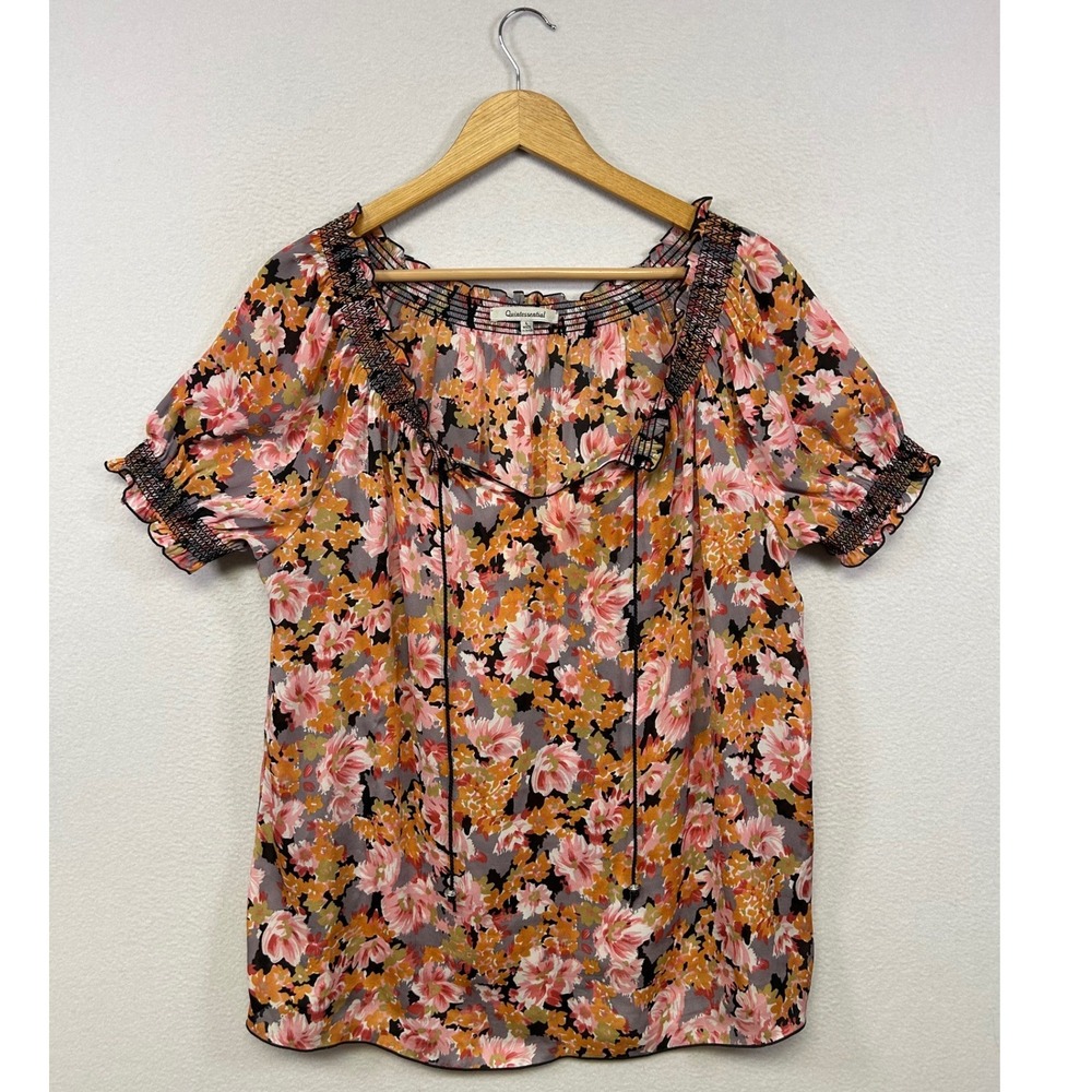 Cottagecore Boho Quintessential Womens Large Pink Orange Floral Peasant Blouse
